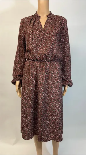 Source Unknown Burgundy Floral Long-Sleeve Midi Dress thumbnail 1