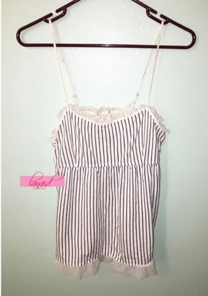 Macy's Vertical Striped Navy Lace Mesh Empire Waist Babydoll Flowy Sleeveless Tank Top thumbnail 1