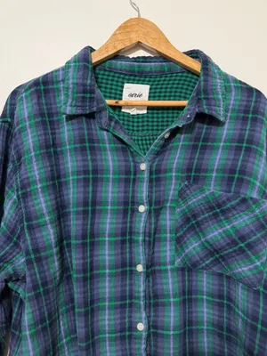 Aerie Plaid Button Up Flannel Shirt Size XXL Blue Green thumbnail 3