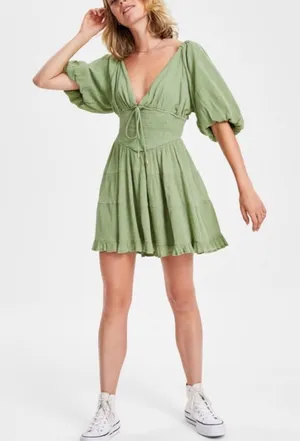 Free People Perfect Day Cotton Mini Dress Womens Medium Olive Green Deep V Neck thumbnail 1