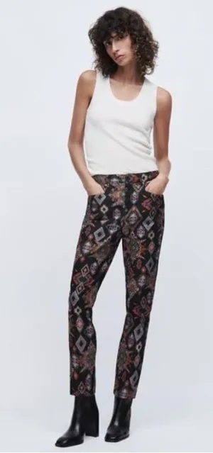 ZARA Mid Rise Black Batik Slim Cotton Bohemian Denim Pants Sz M thumbnail 1