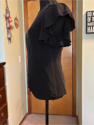 Ann Taylor black silk blouse ruffle flutter short sleeves size S minimalist thumbnail 4