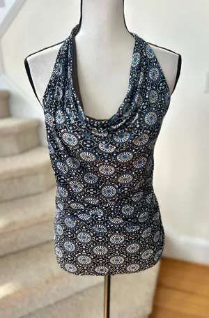 Vintage Y2K Drape Neck Brown & Blue Floral Mosaic Halter Going Out Top Boho thumbnail 1