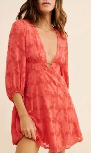 Anthropologie Jacquard Plunge Mini Dress Red Floral Textured Size 0 thumbnail 1