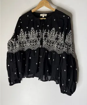 Jennifer & Grace Black Embroidered Cotton Peasant Blouse Balloon Sleeve Large thumbnail 1
