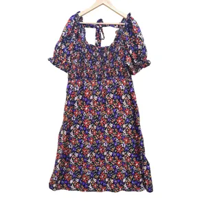 BeachLunchLounge 26G Floral Smocked Midi Dress Square Neck‎ Tie Back Size XL thumbnail 3