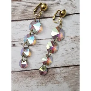 Vintage Clip On Earrings Chunky Clear/Iridescent Long - Fair Condition thumbnail 4