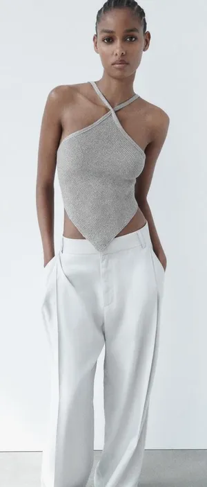 NWT Zara Metallic Silver Open Back Knit Top thumbnail 1