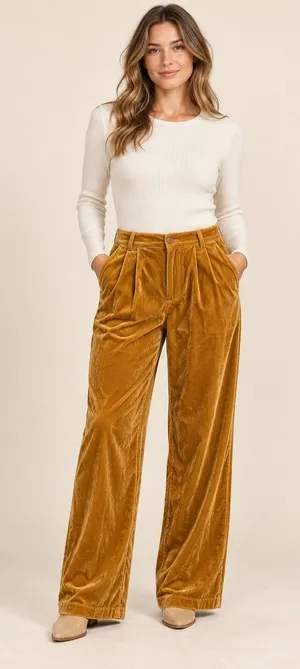 Endless Rose Velvet Wide Leg Pants Yellow Mustard Pleated JL736P Womens Size M thumbnail 1