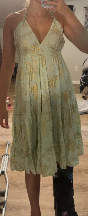 Green gold flowy dress thumbnail 1
