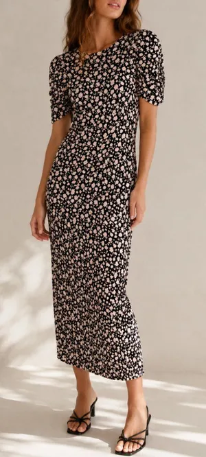 Free People Black & Cream Floral Cutout Back Midi Dress XS thumbnail 1