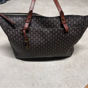 Fossil Women's Rachel Large Tote Bag In Black & Brown Monogram Zipper Top thumbnail 3