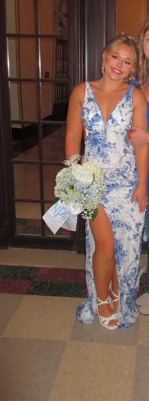 Sherri Hill Prom Dress Blue and white thumbnail 1