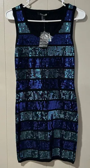 Forever 21 Sequin Mini Dress NWT Size Small – Black Teal Royal Blue Party Bodyco thumbnail 1