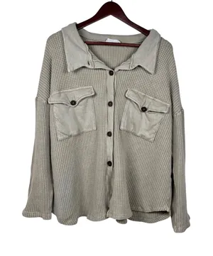 Bucketlist Button Down Shirt Womens Medium Tan Waffle Knit‎ Utility Shacket thumbnail 1