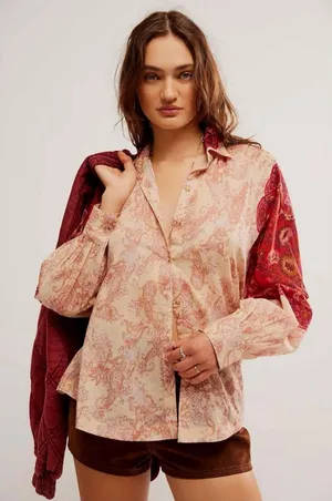 Free People Western Bohemian Dainty Rose Bud Button Down Blouse Shirt Large thumbnail 1