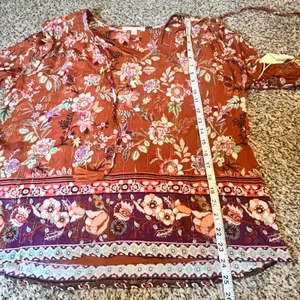 Farmers Market One World Rust Floral‎ Boho Peasant Top Metallic Lurex Tassels L thumbnail 4
