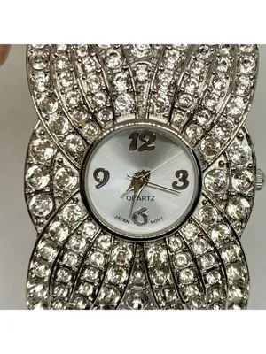 Silver tone women’s cuff bracelet watch 35mm quartz analog rhinestones 7.5” runs thumbnail 3