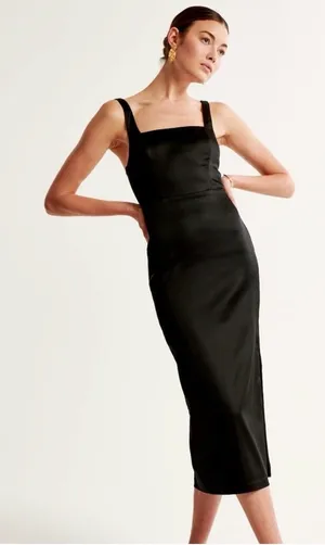 Abercrombie & Fitch Sculpting Satin Midi Dress Black XS Square Neck thumbnail 1