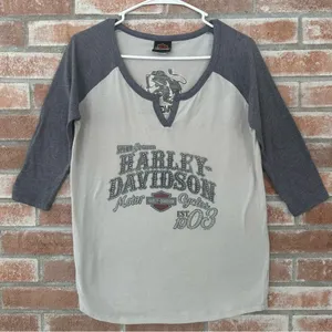 Harley Davidson 3/4 Sleeve Raglan Shirt Durham NC Bedazzled Women’s Medium thumbnail 1