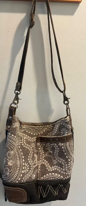 Myra Bag Canvas Leather Paisley Crossbody Shoulder Bag Boho Brown Gray thumbnail 1