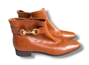 Talbots Ankle Boots Womens 7.5B Cognac Leather Horsebit Square Toe Riding Brazil thumbnail 1