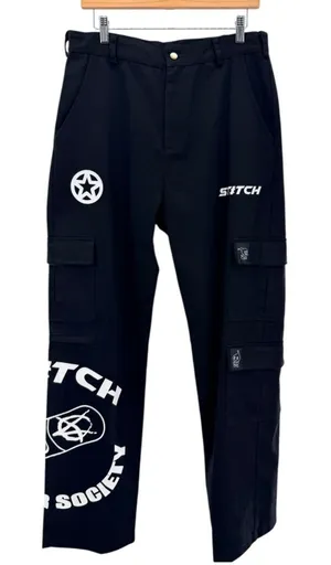 Y2K Graphic Cargo Pants Black Anime Skull Streetwear Alt Utility Rave Stitch L thumbnail 1