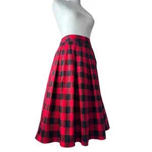 Red & Black Checker Print Pleated A-Line Midi Skirt thumbnail 2