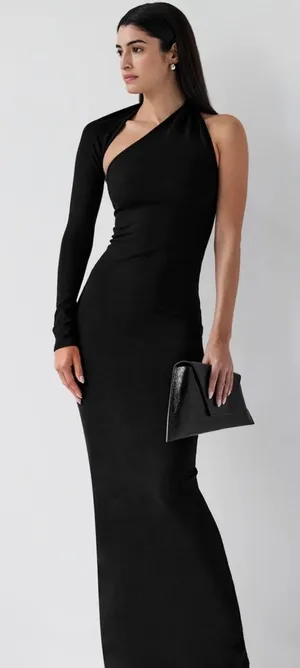 Marcella Manhattan Black One Shoulder Midi Dress Womens M Single Long Sleeve thumbnail 1