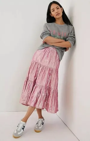 NWT Anthropologie Maeve Alicia in Pink Crinkled Metallic Maxi Skirt 2 thumbnail 1