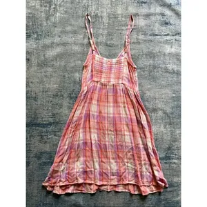 BP Peach Pink Cream Purple Plaid Strappy Summer Mini Dress XS thumbnail 4