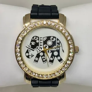 Gold tone Elephant dial women watch rhinestones 43mm quartz black band running thumbnail 1