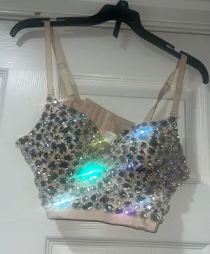 SHEIN Beige Rhinestone Embellished Crop Tank Top thumbnail 1