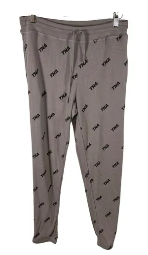 TNA Aritzia Waffle Knit Joggers Mauve Taupe Logo Print Thermal Lounge Pants Sz M thumbnail 1