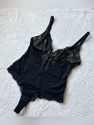 Plunge V Neck Shapewear Sculpting Thong Bodysuit L Black Lace Teddy Whimsigoth thumbnail 6