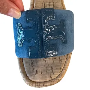 Tory Burch Blue‎ Suede Cork Slide Sandals Double T Logo Patent Sz 7.5 thumbnail 11