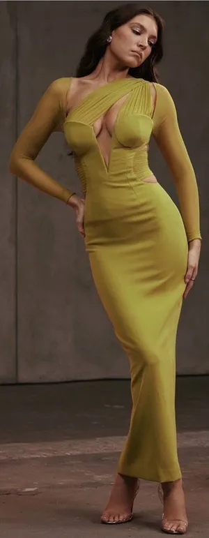 HOUSE OF CB 'Zahra' Chartreuse Plunge‎ Maxi Dress maxi mustard yellow NWOT XS thumbnail 1