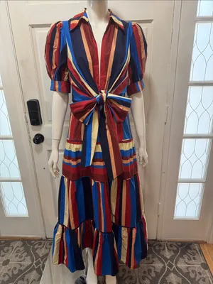 Farm Rio Stripped Multicolor Winter Stripes Short Sleeve Midi Dress Sz Medium thumbnail 3