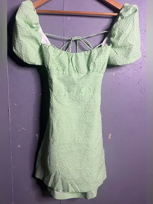 Zara Green Gingham Puff Sleeve Mini Dress in size Medium. thumbnail 3