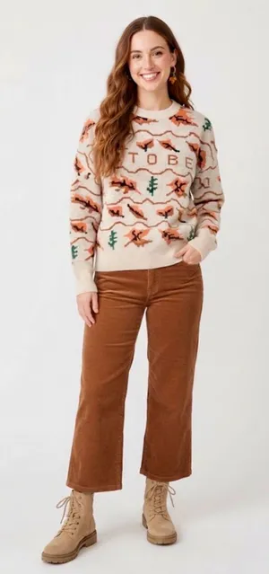 Vintage Style October Fall Sweater Beige Orange Leaves Trees Crewneck Medium / L thumbnail 1