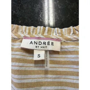 Andree‎ By Unit Women's Top Sz Sm White Yellow Stripe Cotton Ruffle Shirt Blouse thumbnail 2