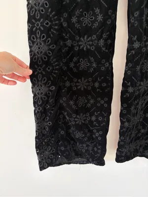 Zara Alina Black Velvet Embroidered Eyelet Wide Leg Contemporary Pant Trousers M thumbnail 4
