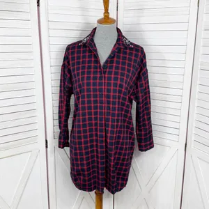 Zara Plaid Beaded Collar Oversized Pullover‎ Tunic Shirt Dress Red Blue XS thumbnail 2