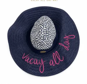 Panama Jack Vacay All Day Navy Straw Beach Hat Pink Embroidered Resort thumbnail 1