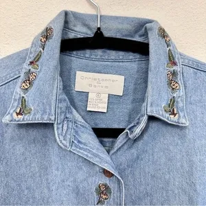 Vintage Christopher & Banks Denim Button Up Fall Leaf Embroidered Blouse Cottage thumbnail 2