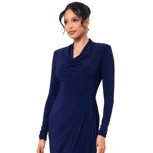 Betsy & Adam Womens Cowled Neck Long Sleeve Jersey Knit V-Neck Dress Navy Blue 6 thumbnail 8