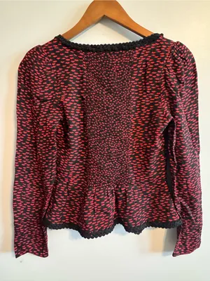 Reformation Red Black Printed Lace Trim Button Front Blouse Top Size 4 thumbnail 3