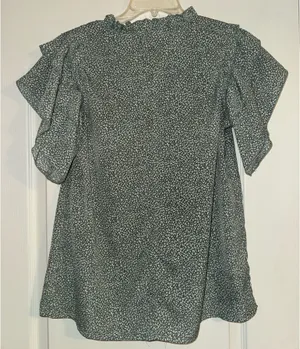 Anna Kaci California Green & white speckle pattern V-Neck Flutter Sleeve Blouse thumbnail 2