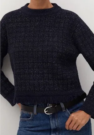 MNG Women Navy Blue‎ Metallic Tweed Knit Fringe Sweater Pullover Top Size Large thumbnail 1
