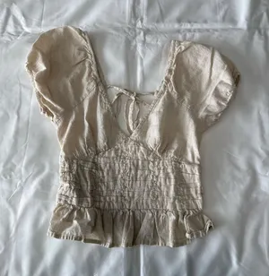 Cream Linen Blend Puff-Sleeve Cropped Peplum Top thumbnail 1